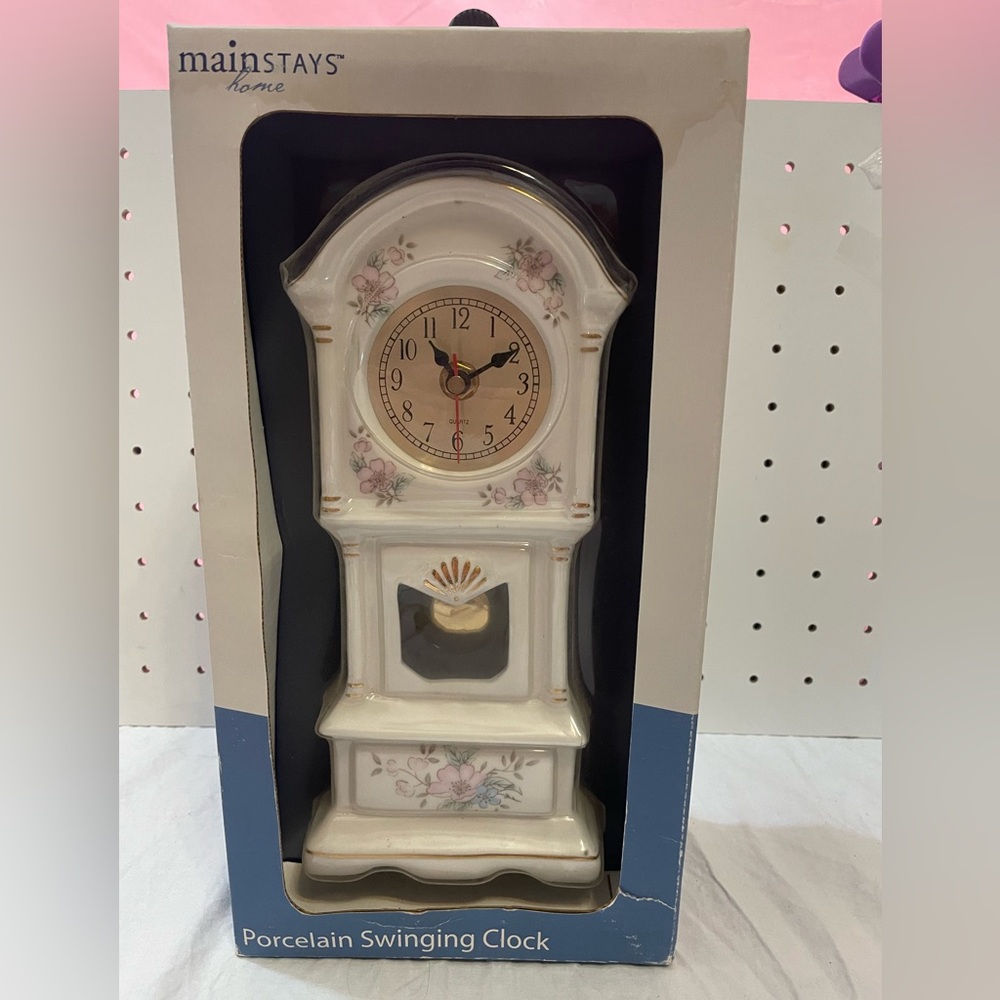 Mainstays Home Porcelain Swinging Clock - White and Pink Floral Design